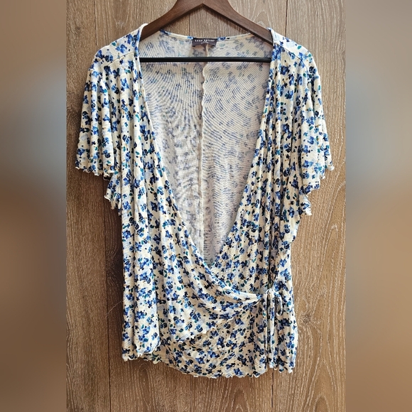 Lane Bryant Cream and Blue Floral Wrap Blouse - Picture 1 of 3